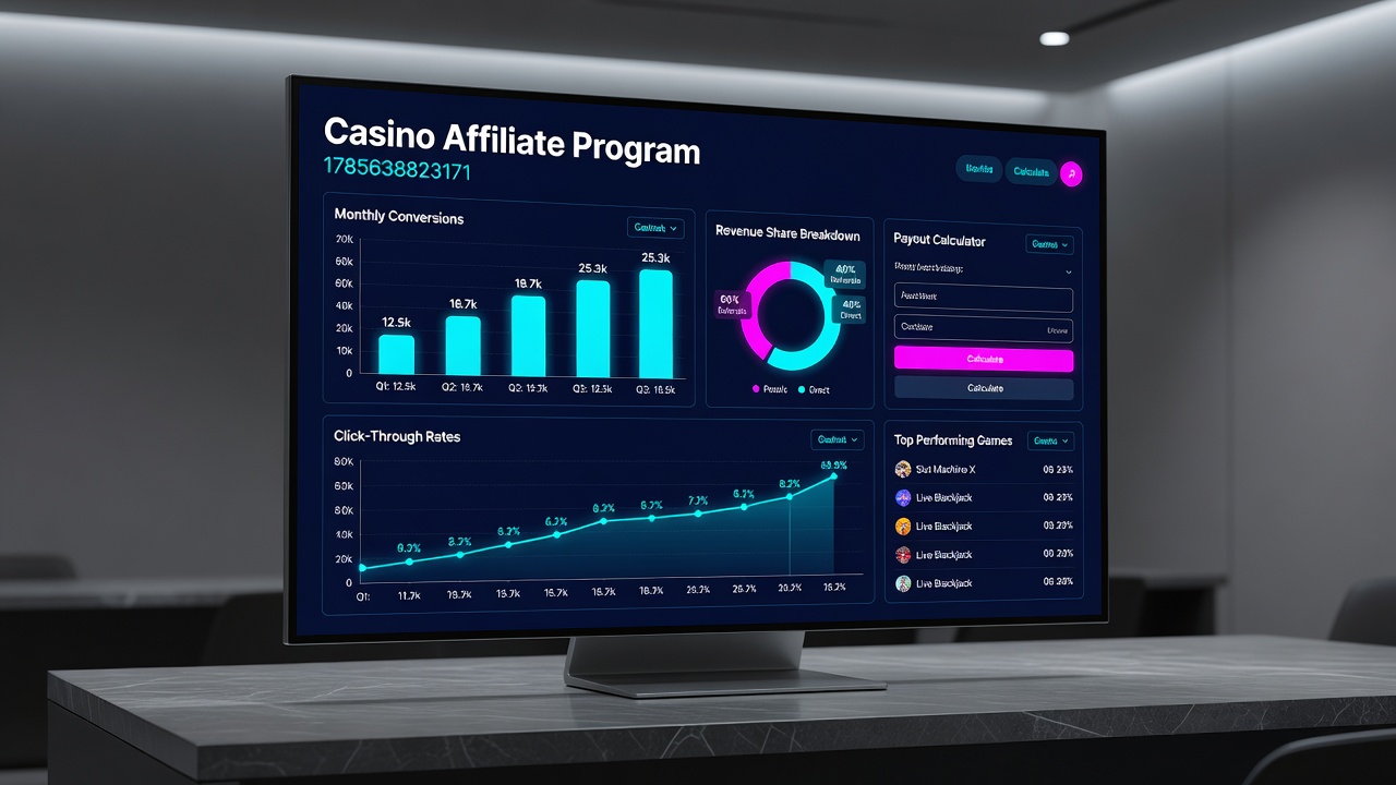 Detailed view of affiliate earnings report with graphs displaying commission trends and player retention data