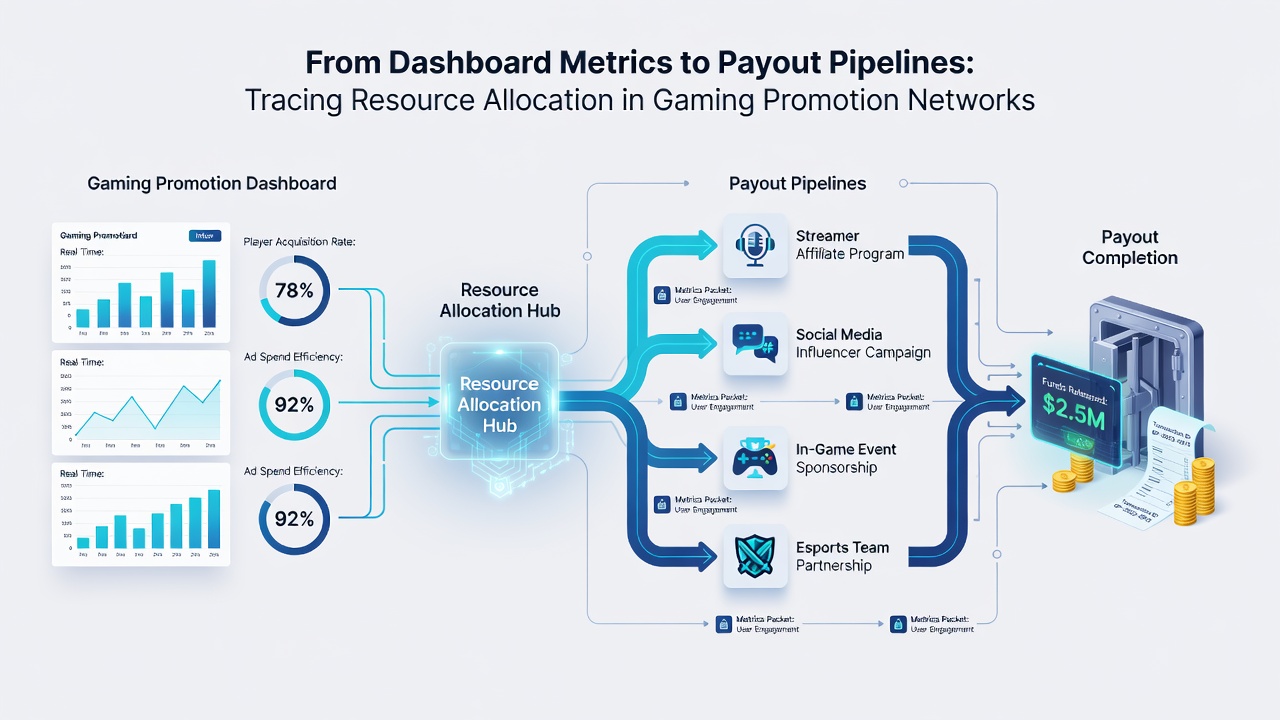 Pipeline diagram showing resource flow from metrics analysis through approval stages to affiliate payout processing