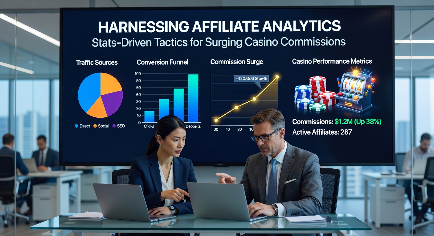 Affiliate marketer reviewing analytics charts on a laptop, highlighting key performance indicators for casino promotions