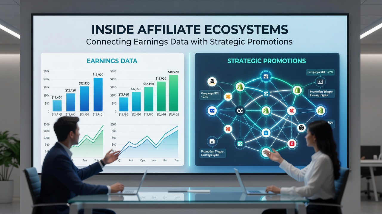 Strategic planning session where affiliate teams review earnings charts and map upcoming promotional calendars