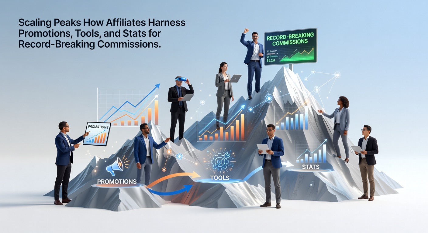 Graph showing affiliate commission growth curve peaking with overlaid icons for promotions, analytics tools, and performance stats