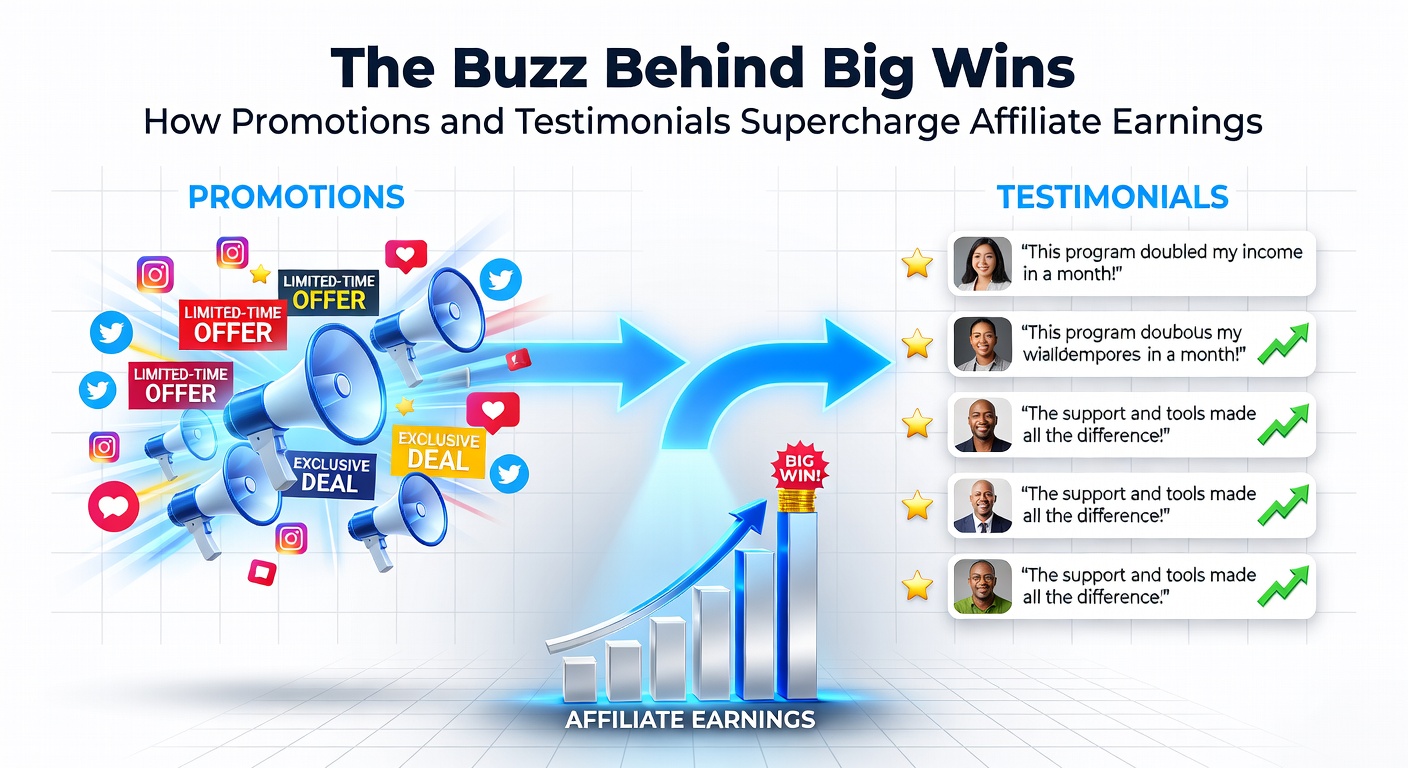 Group of satisfied affiliates celebrating earnings milestones around a table with laptops displaying promotion dashboards and testimonial feeds