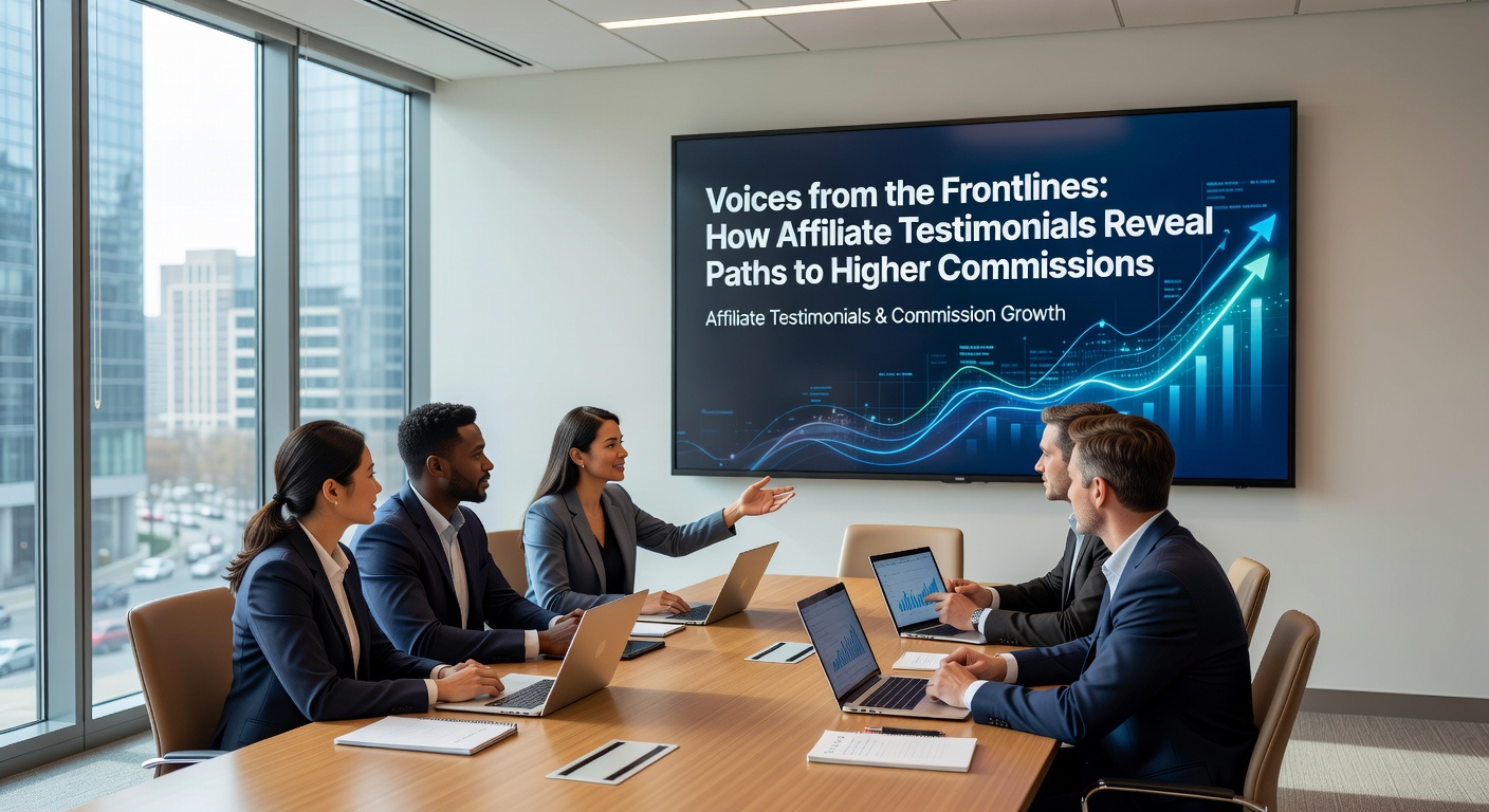 Group of diverse affiliates discussing strategies around a conference table with laptops and charts displaying commission growth