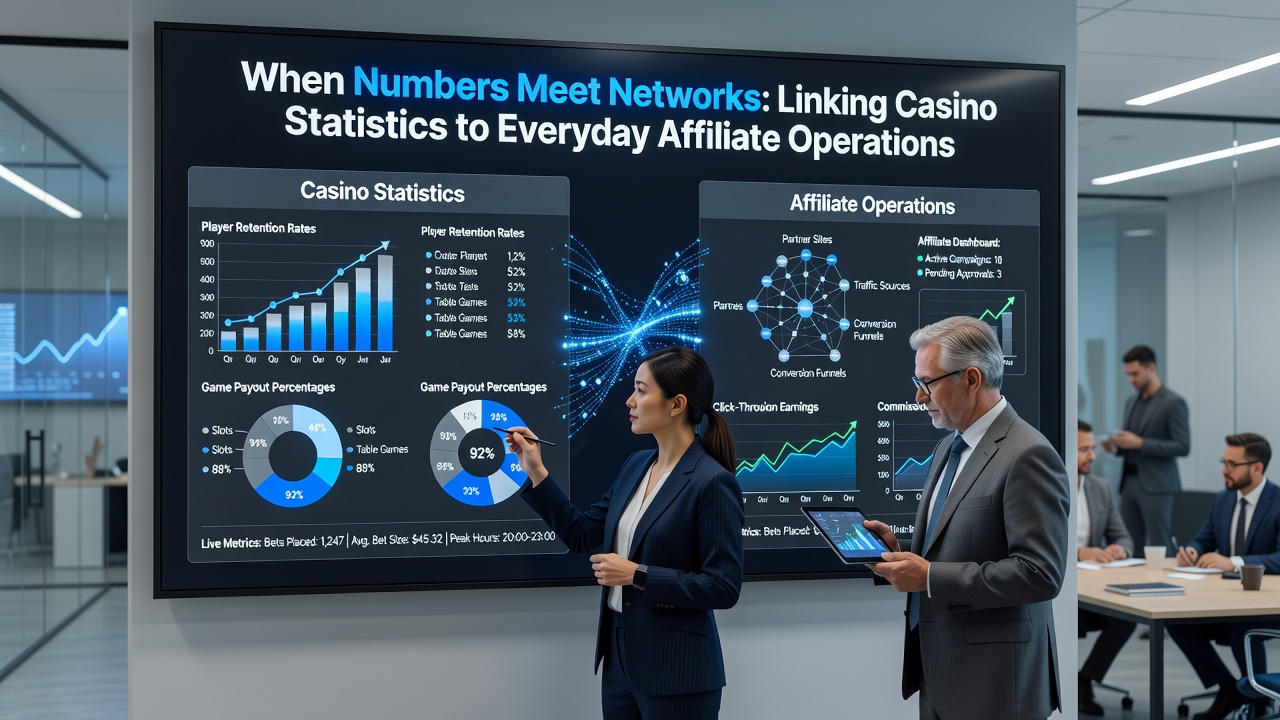 Affiliate dashboard showing linked casino performance metrics and network tracking